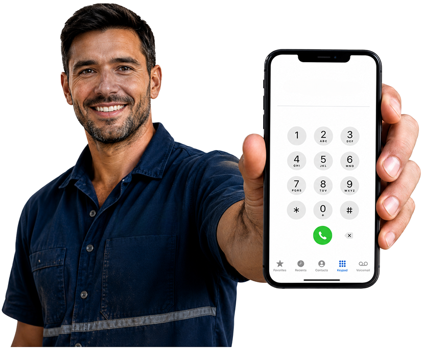Meadowbank Blocked Drains plumber holding a phone — call 1300 261 965