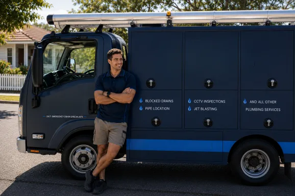 Plumber standing beside a service van in Meadowbank