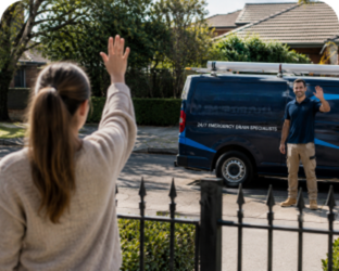 Customer waving goodbye to a Meadowbank Blocked Drains plumber